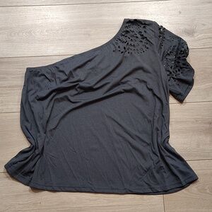 Dark Gray,  One-Shoulder Laser Cut Sleeve Top,  Ladies X-Large One Sleeve Top